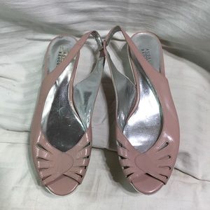 Audrey Brooke open toe low heels, 6M, 1.5” heel